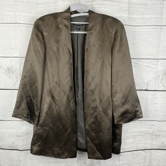 Eileen Fisher Brown Organic Linen Silk Open Front Lined Jacket Blazer Size PM - Picture 2 of 10